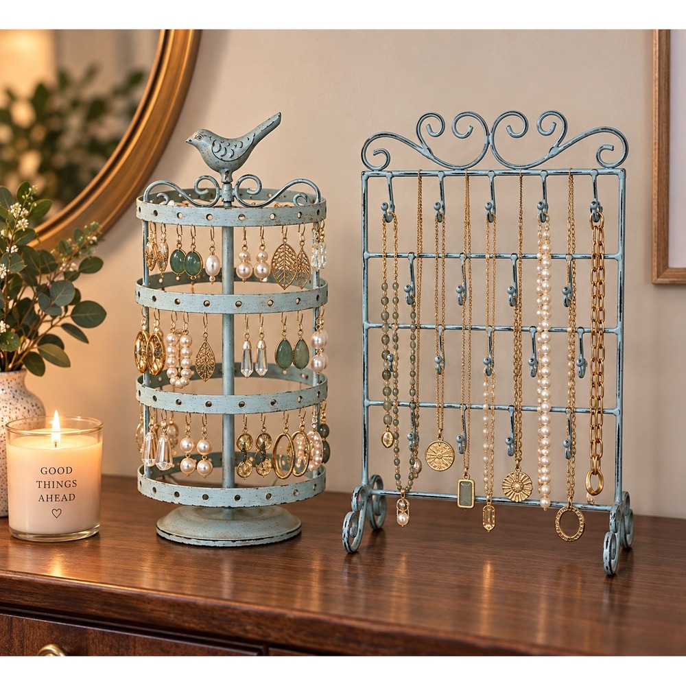 World Market Jewelry Stand Set Womens Distressed Bird Hook Organizer Cottagecore